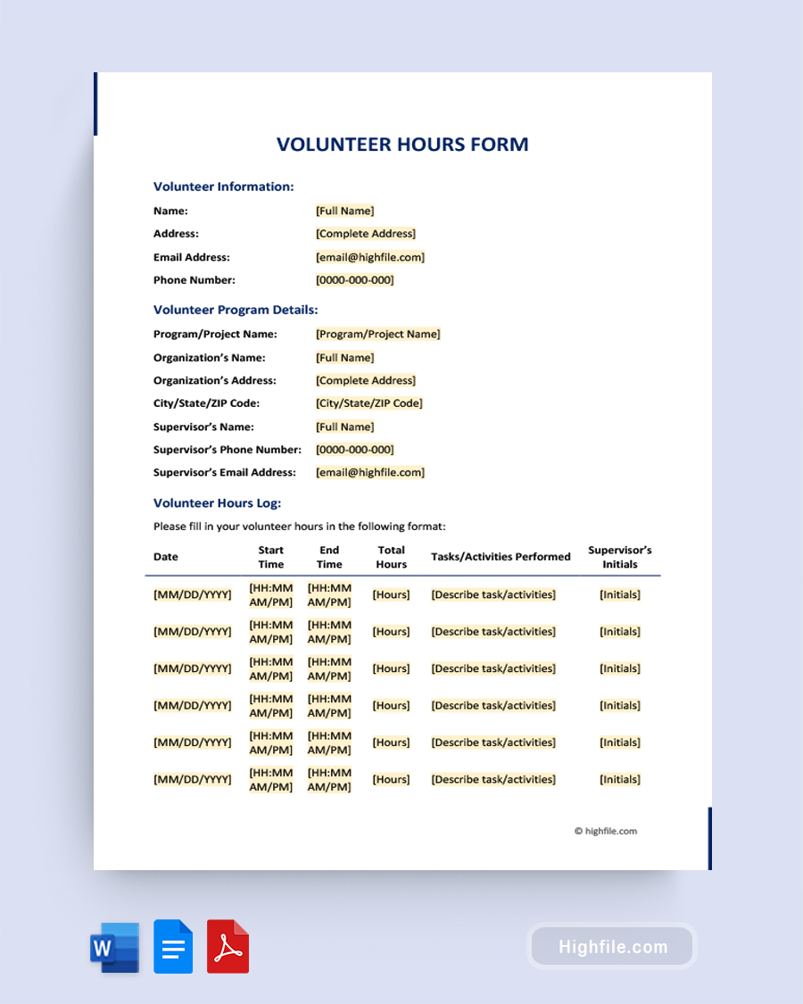 Volunteer Hours Form - Word, Google Docs, PDF