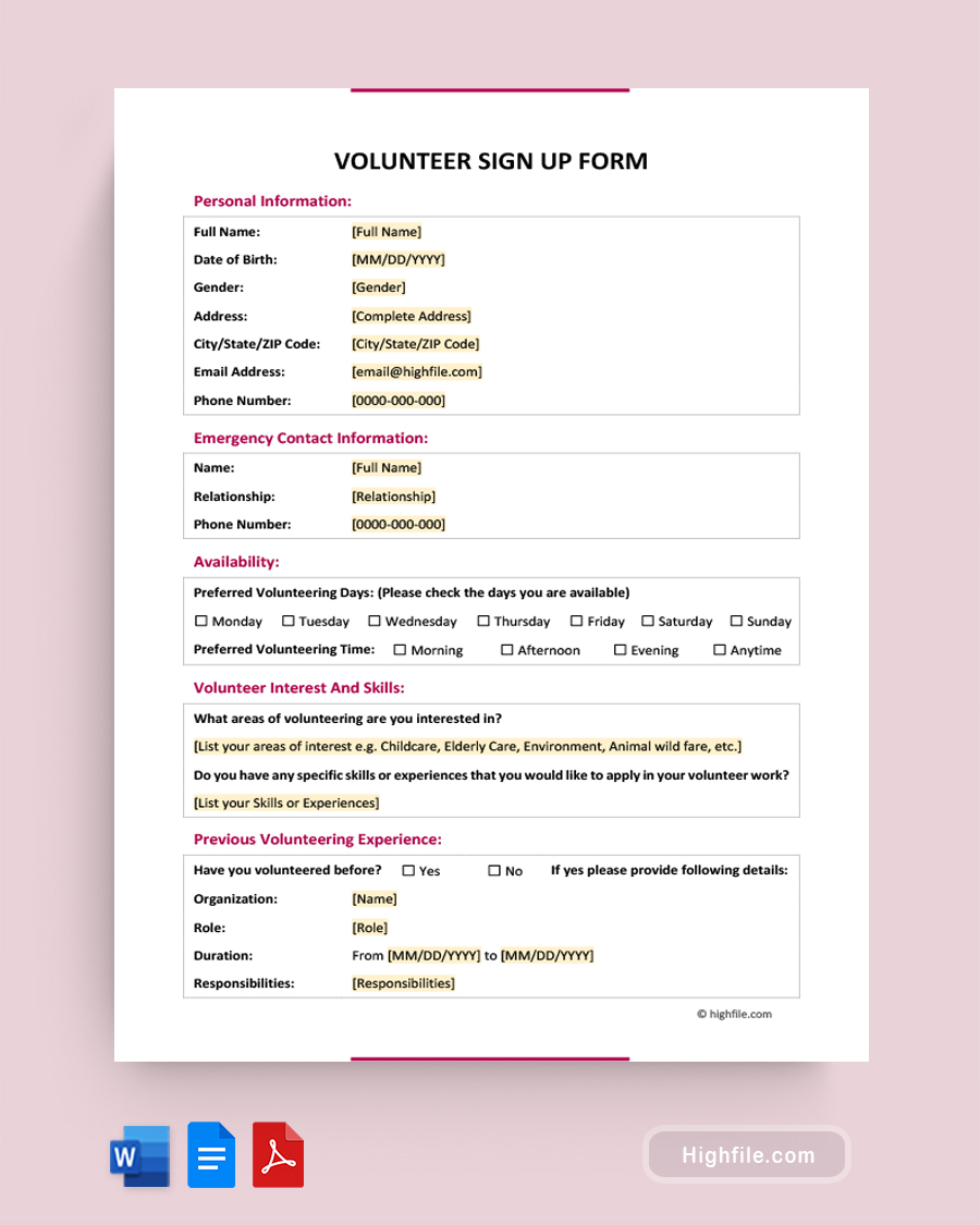 Volunteer Sign Up Form - Word, Google Docs, PDF