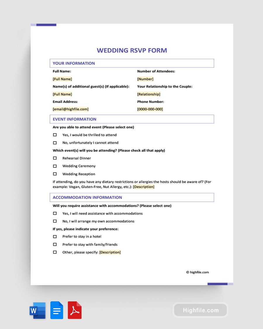 Wedding Rsvp Form - Word, Google Docs, PDF