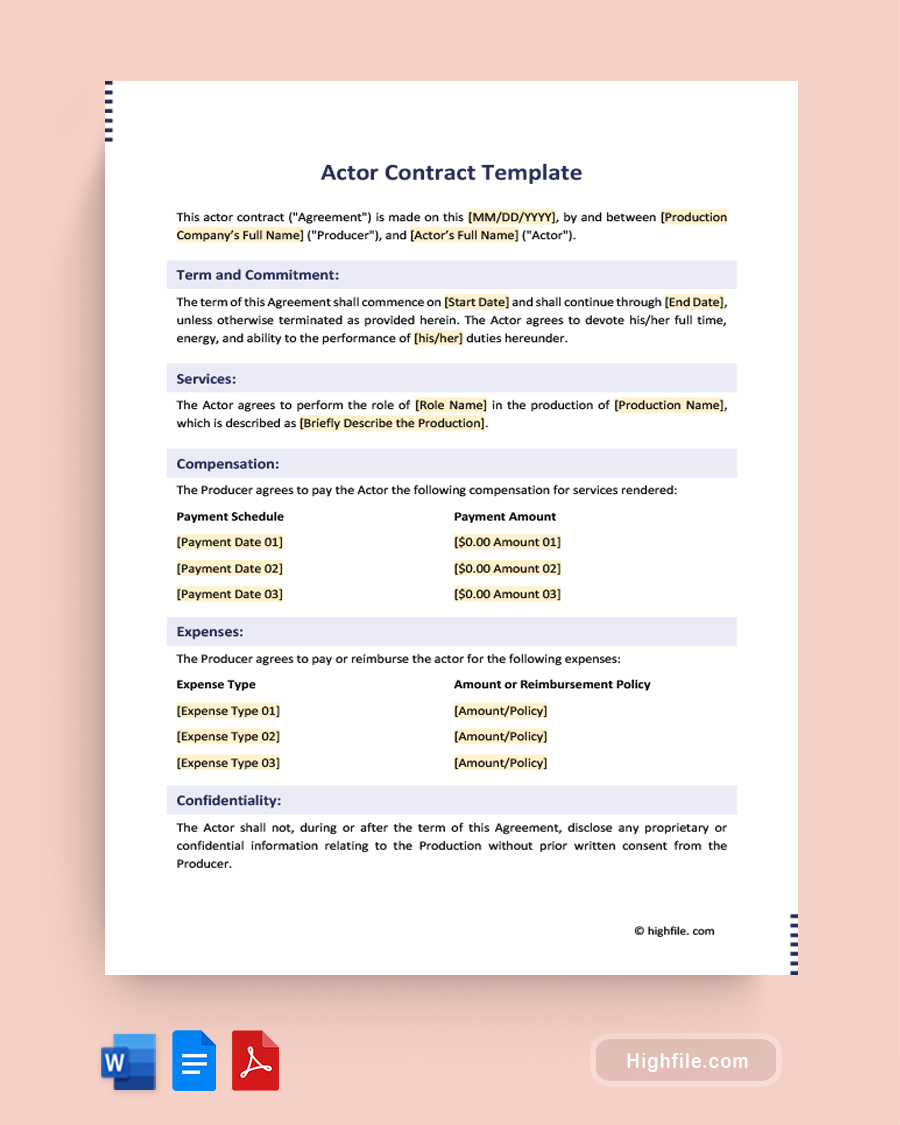 Actor Contract Template - Word, PDF, Google Docs