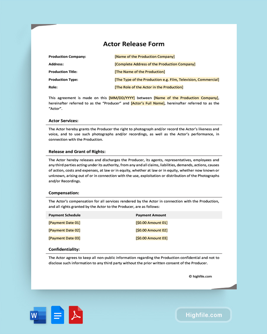 Actor Release Form - Word, PDF, Google Docs