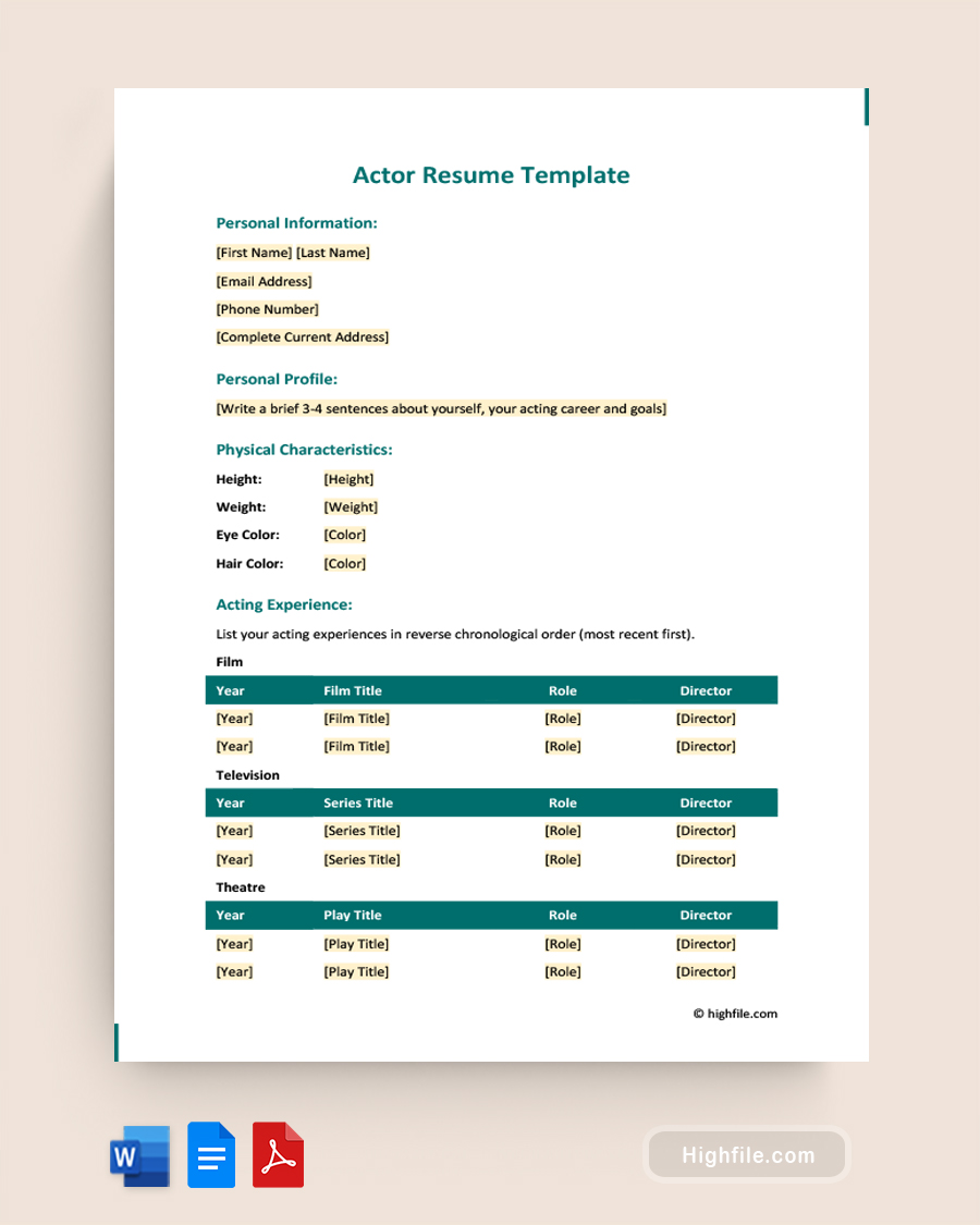 Actor Resume Template - Word, PDF, Google Docs