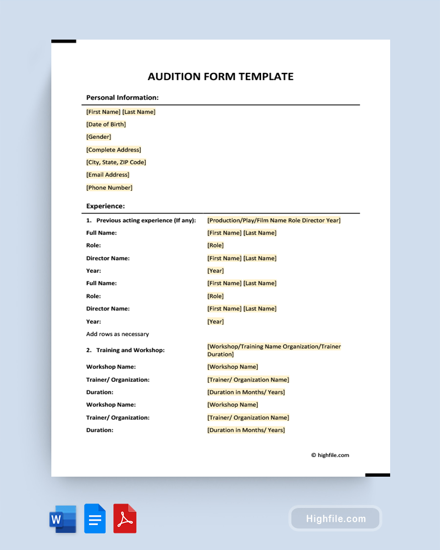 Audition Form Template - Word, PDF, Google Docs