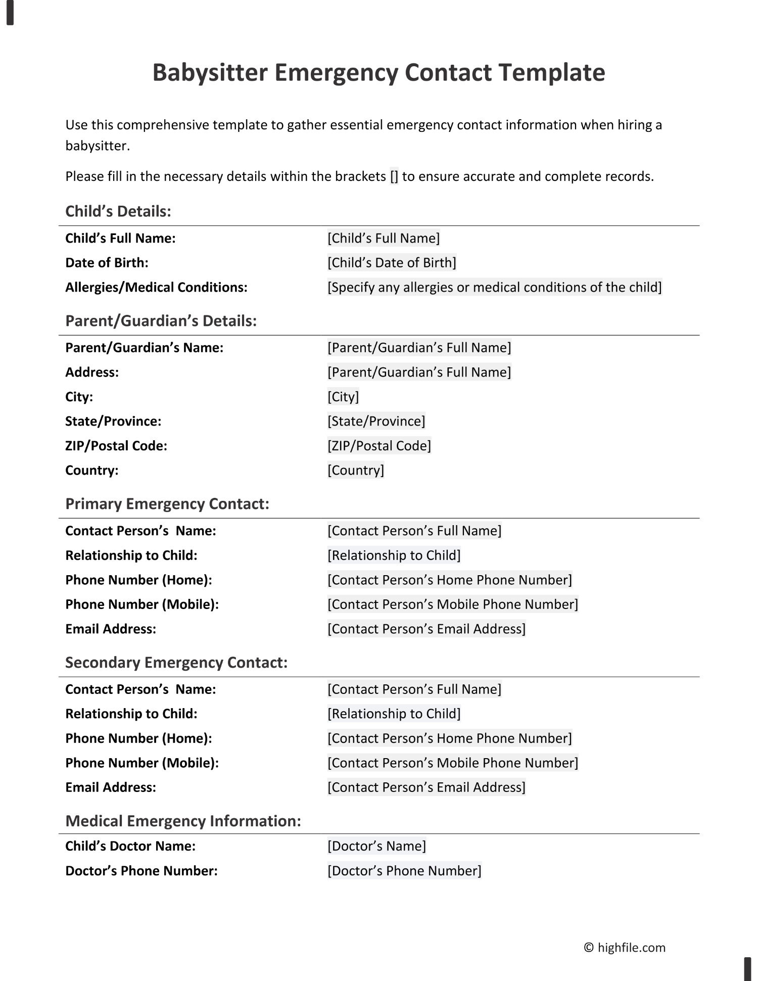 Babysitter Emergency Contact Template Word PDF Google Docs Highfile