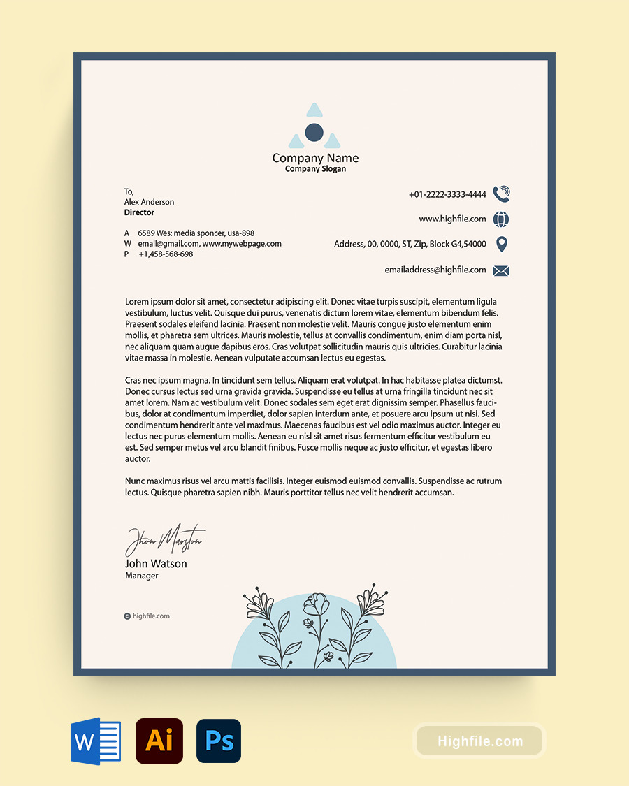 Blue Personal Letterhead Template - Word | Adobe Illustrator | Adobe Photoshop - Highfile