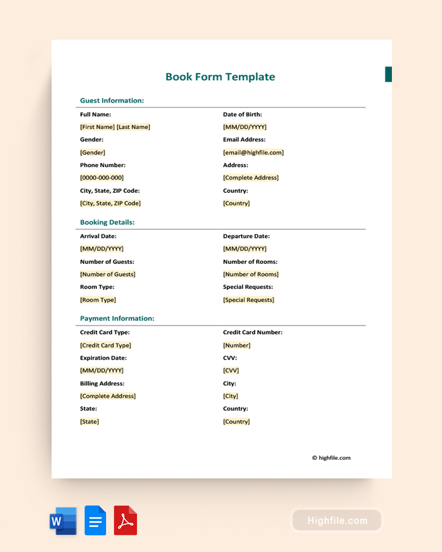 Book Form Template - Word, PDF, Google Docs