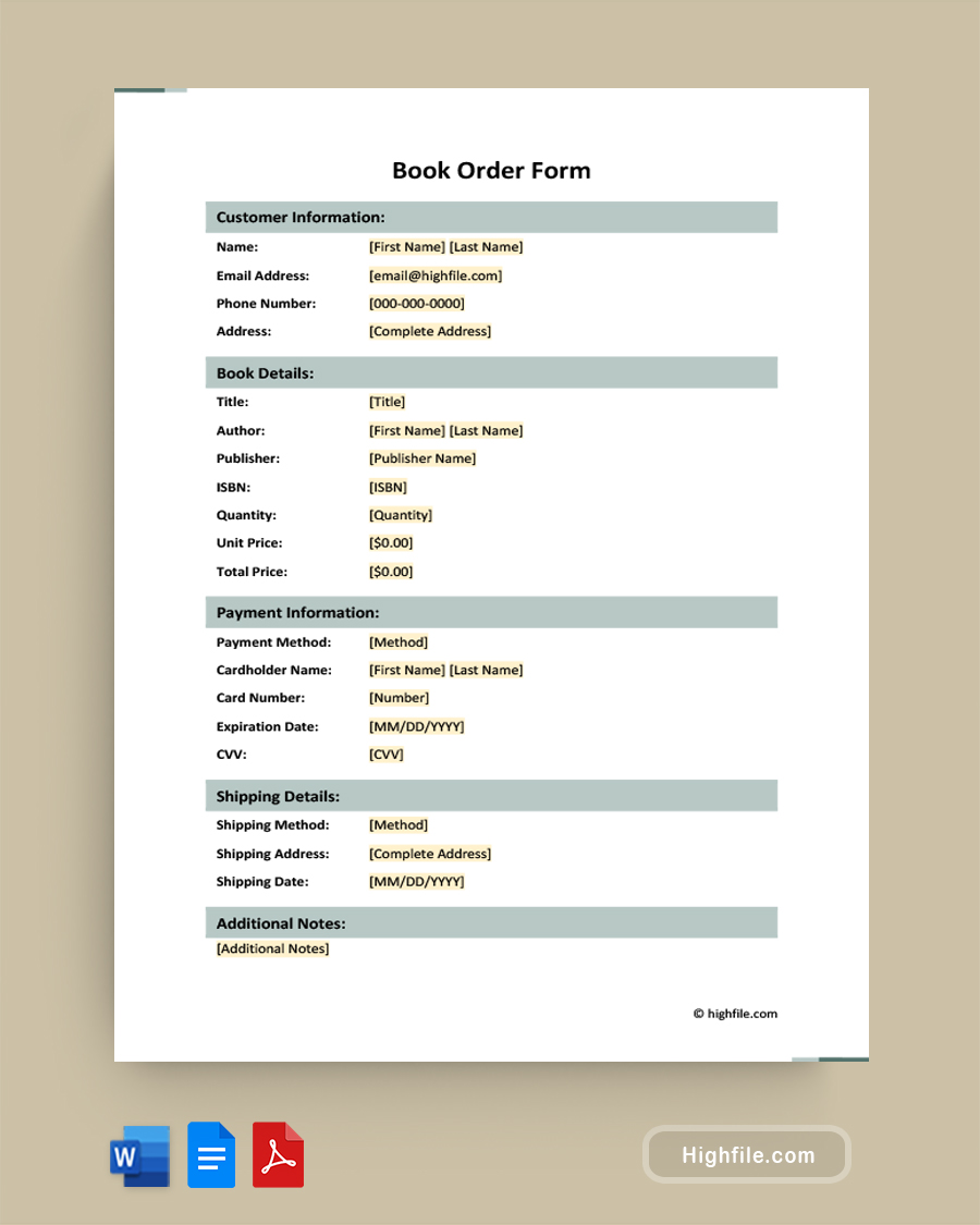 Book Order Form - Word, PDF, Google Docs
