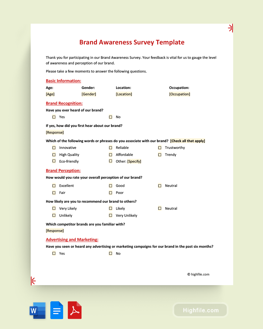 Brand Awareness Survey Template - Word, PDF, Google Docs