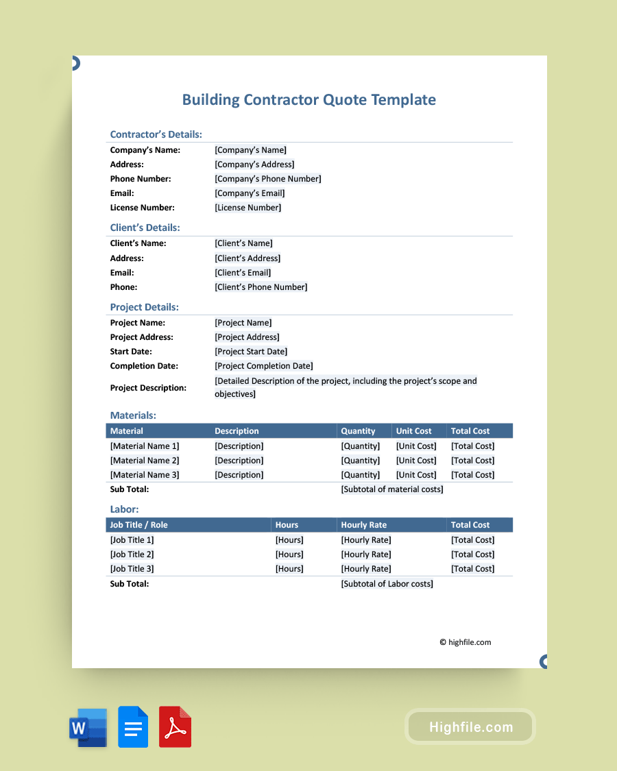 Building Contractor Quote Template - Word, PDF, Google Docs