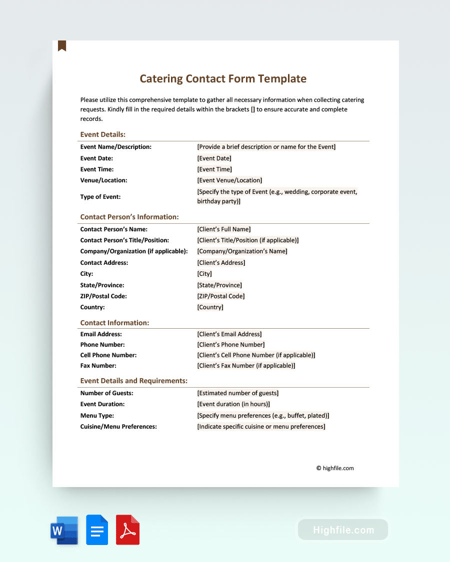 Catering Contact Form Template - Word, PDF, Google Docs