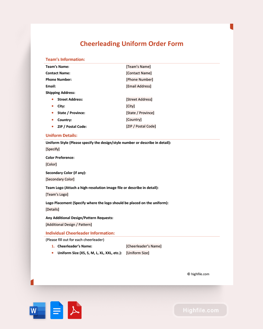 Cheerleading Uniform Order Form - Word, PDF, Google Docs