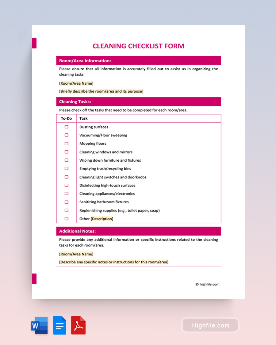 Cleaning Checklist Form - Word, PDF, Google Docs