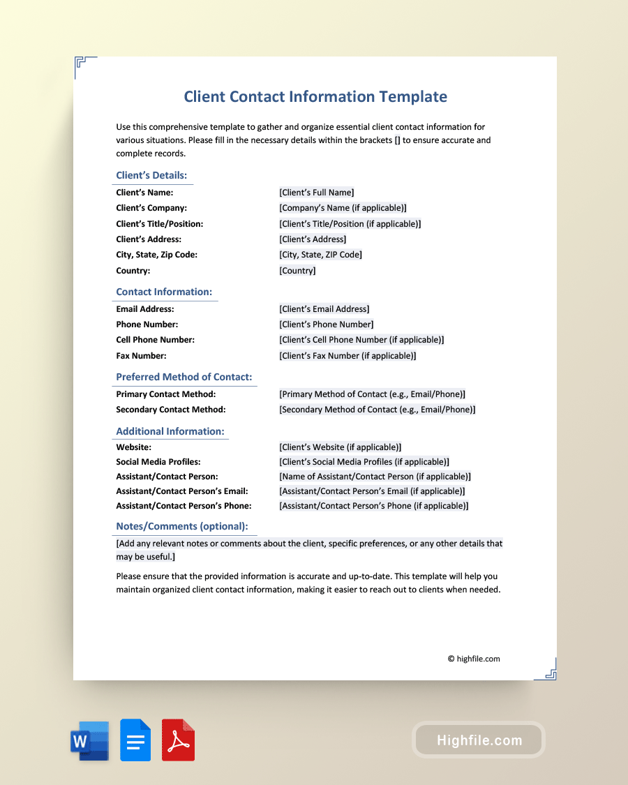 Client Contact Information Template - Word, PDF, Google Docs