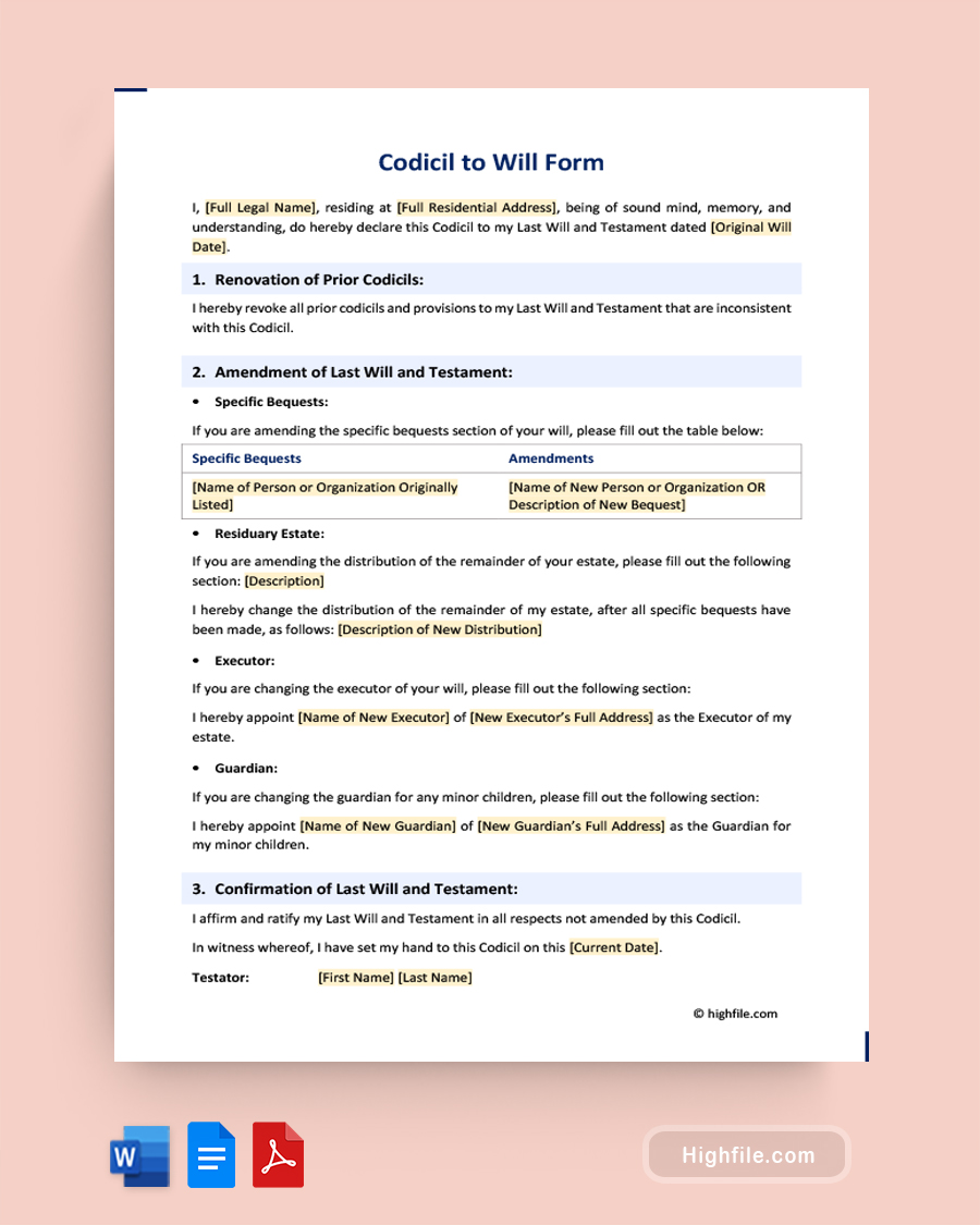 Codicil to Will Form - Word, PDF, Google Docs