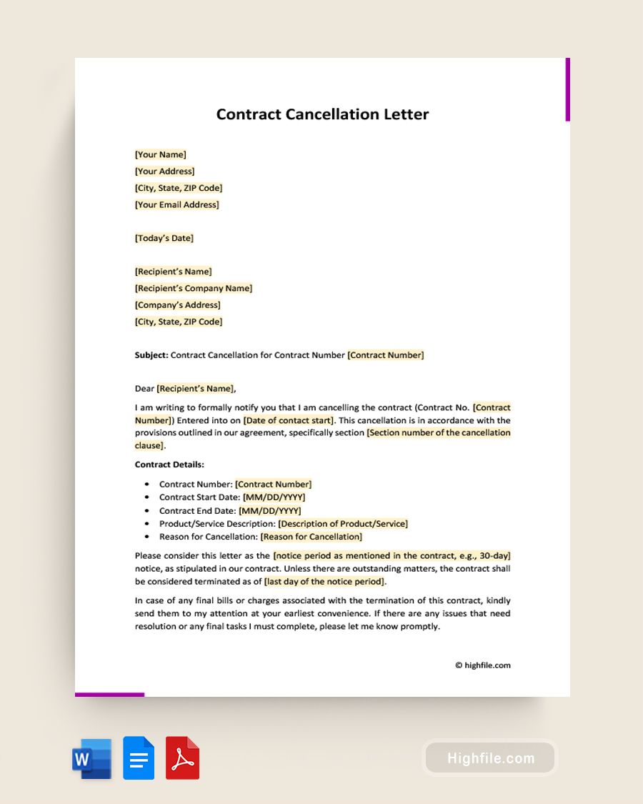 Contract Cancellation Letter - Word, PDF, Google Docs