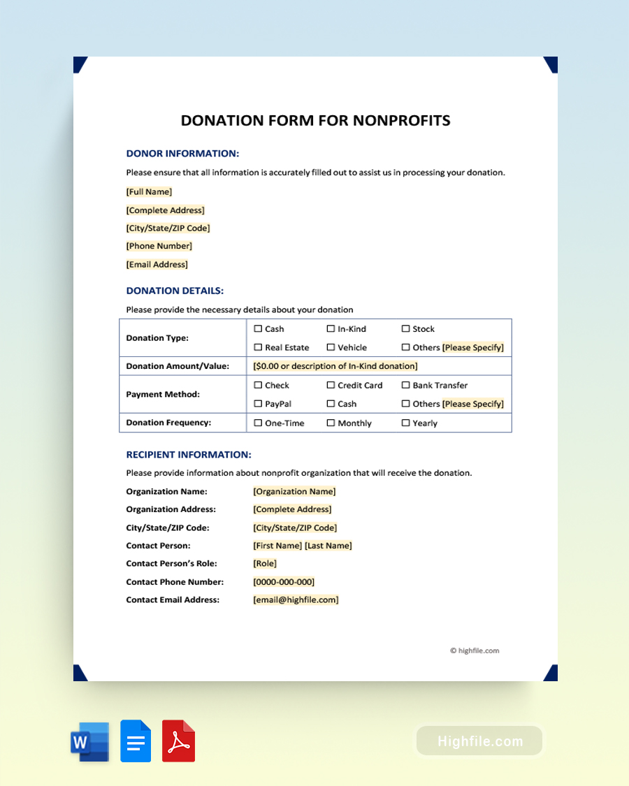 Donation Form for Nonprofits - Word, PDF, Google Docs
