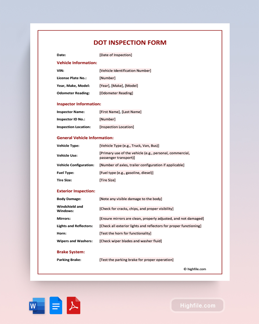 Dot Inspection Form - Word, PDF, Google Docs