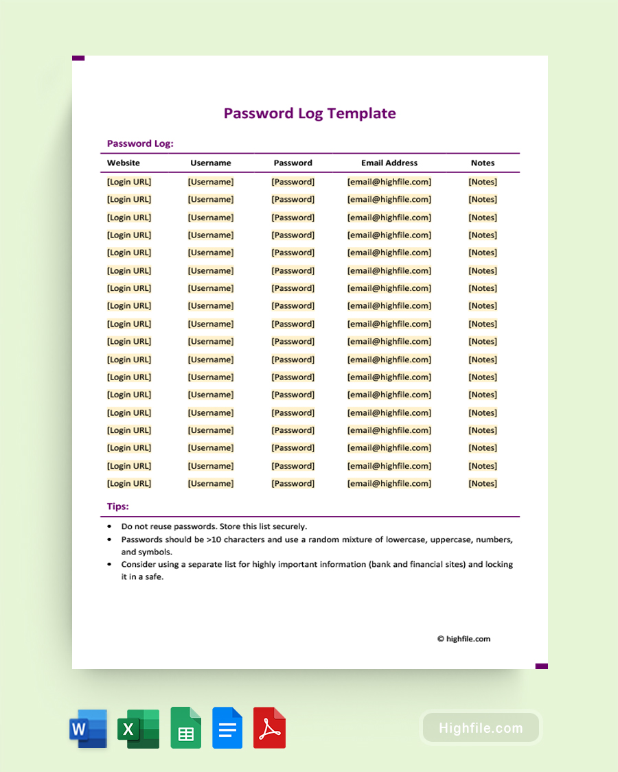 Editable Password Log Template - Word, PDF, Excel, Google Docs, Google Sheets