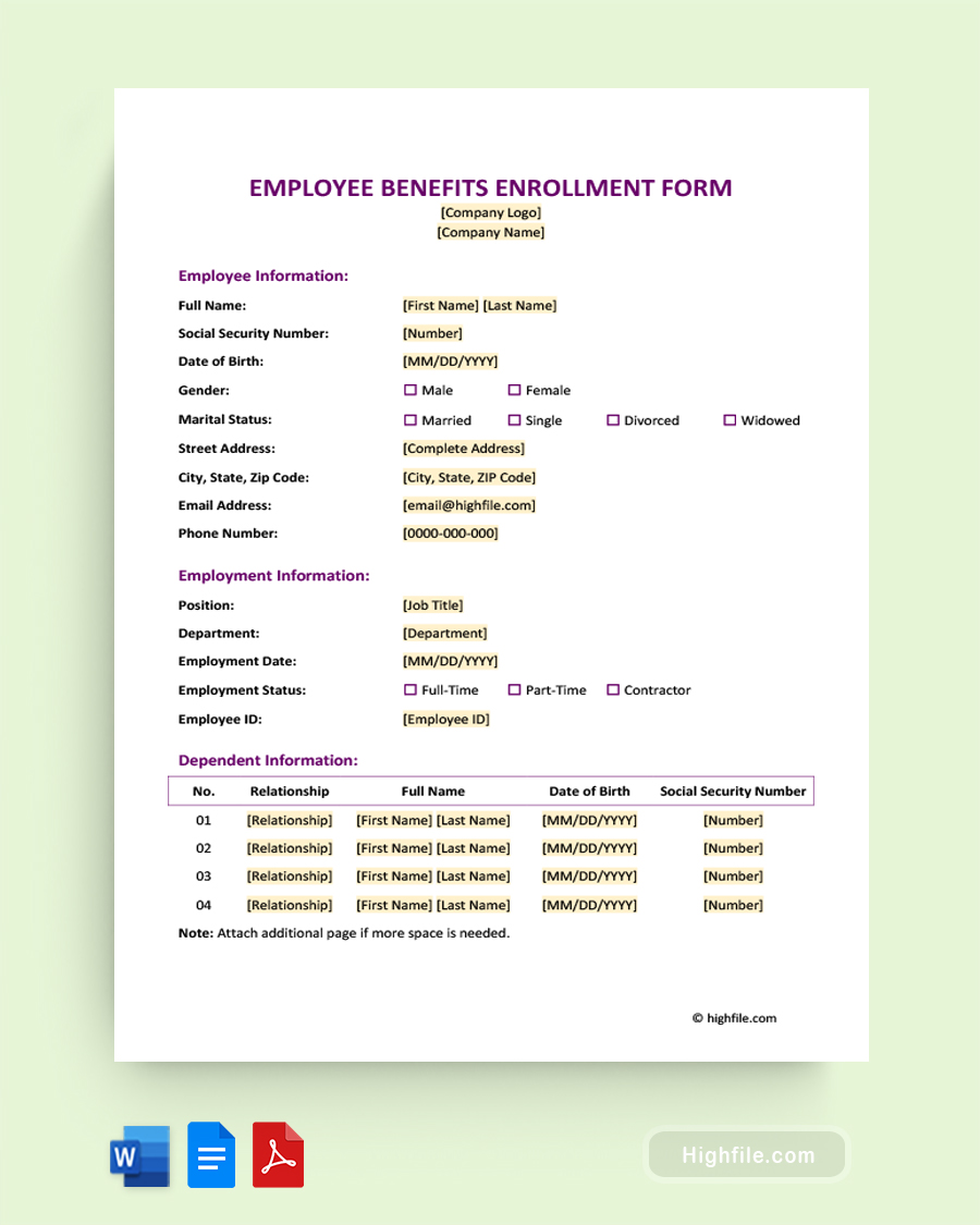 Employee Benefits Enrollment Form Template - Word, PDF, Google Docs