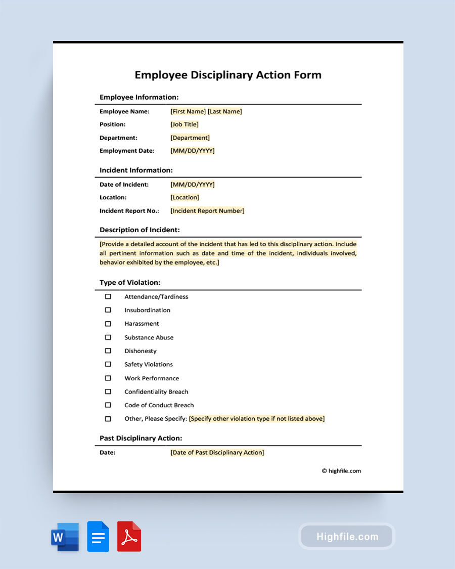 Employee Disciplinary Action Form - Word, PDF, Google Docs