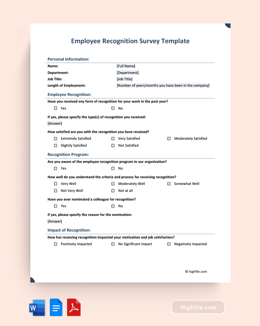 Employee Recognition Survey Template - Word | PDF | Google Docs - Highfile