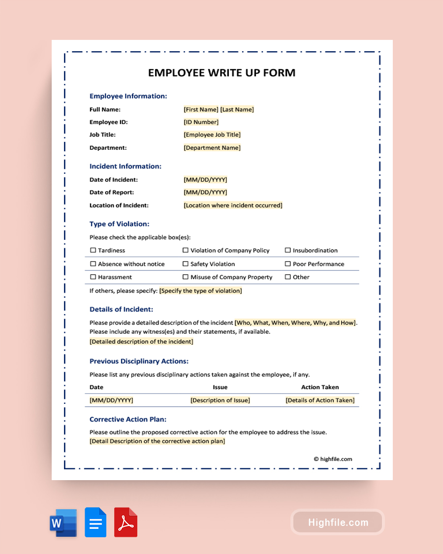 Employee Write Up Form - Word, PDF, Google Docs