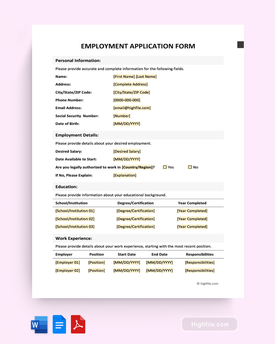 Employment Application Form - Word, PDF, Google Docs