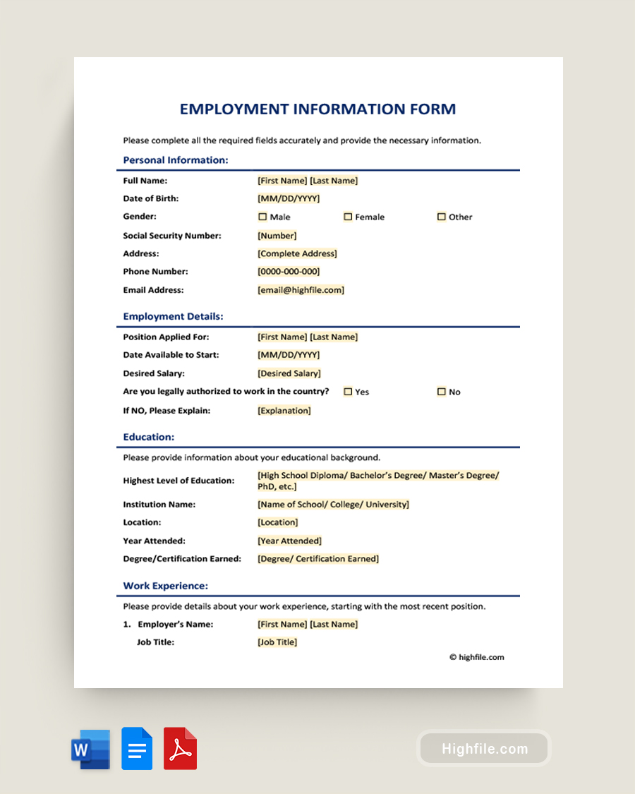 Employment Information Form - Word, PDF, Google Docs