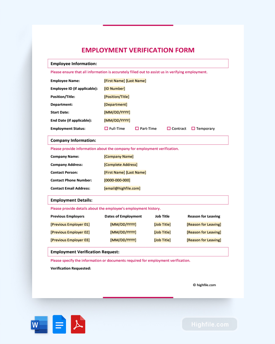 Employment Verification Form - Word, PDF, Google Docs