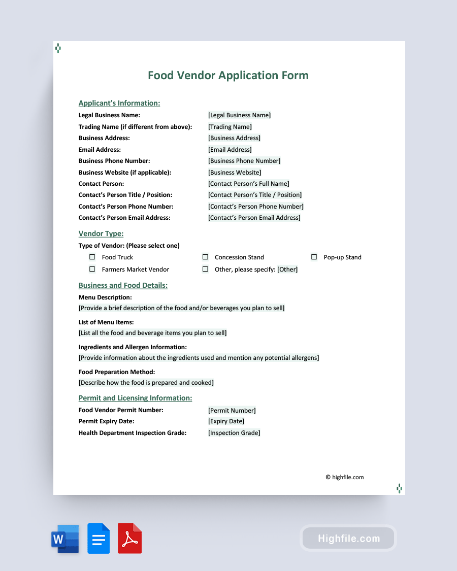 Food Vendor Application Form - Word, PDF, Google Docs