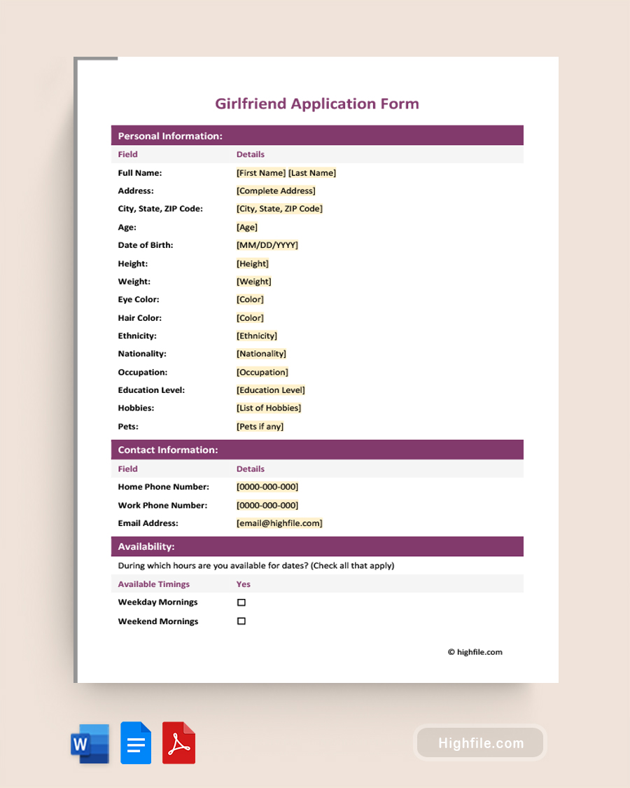 Girlfriend Application Form - Word, PDF, Google Docs