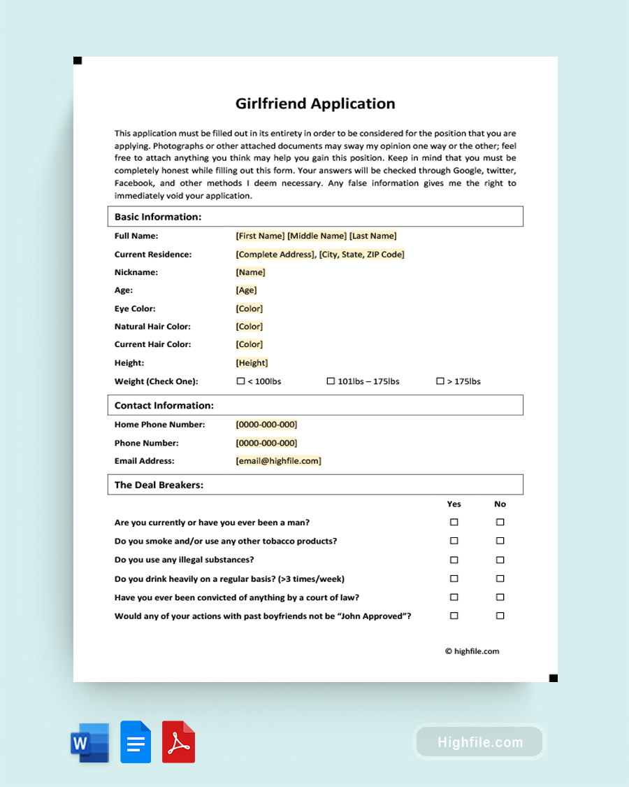 Girlfriend Application - Word, PDF, Google Docs