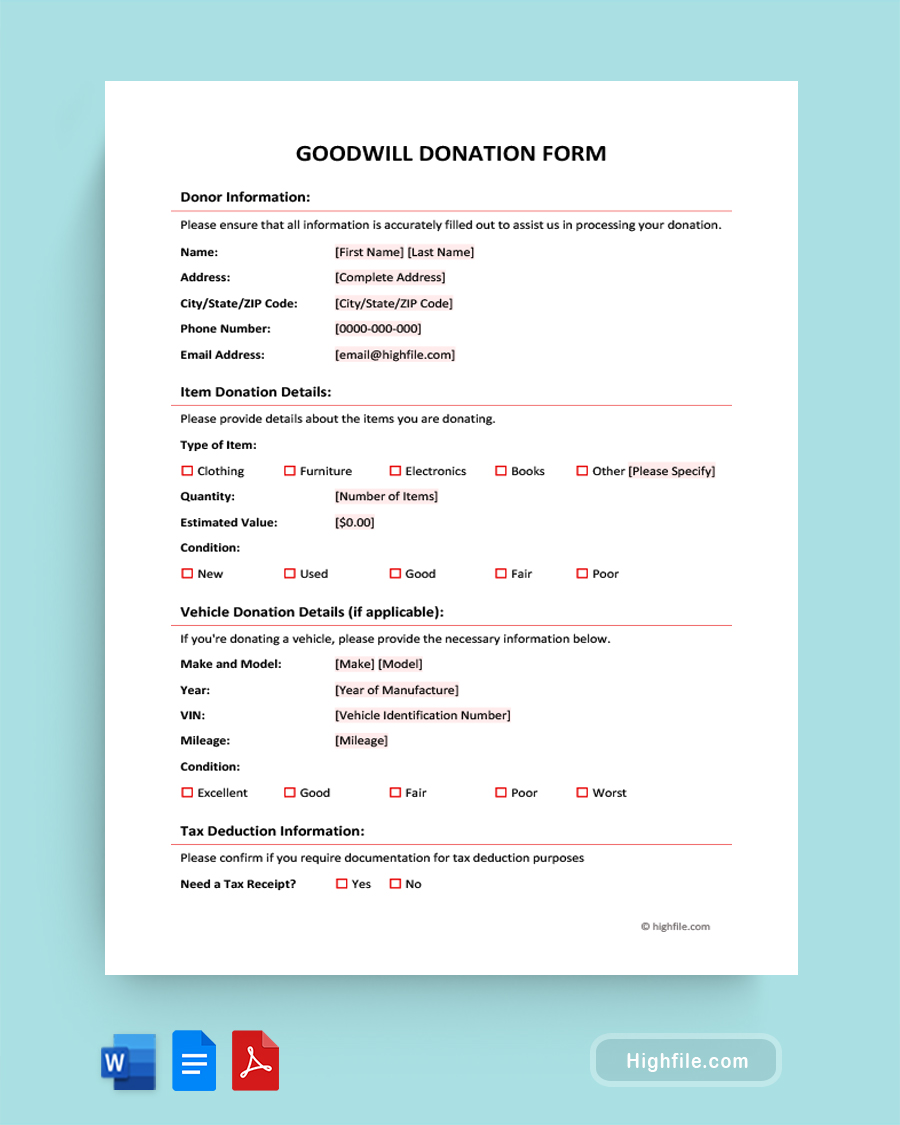 Goodwill Donation Form - Word, PDF, Google Docs