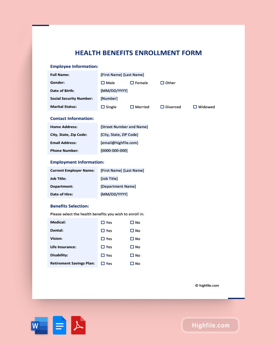 Health Benefits Enrollment Form - Word, PDF, Google Docs