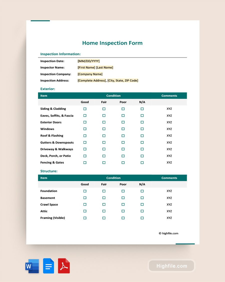 Home Inspection Form - Word, PDF, Google Docs