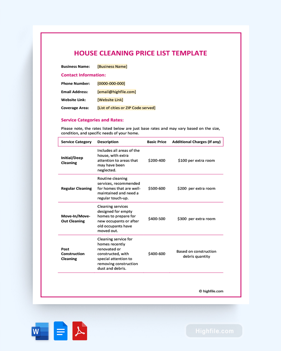 House Cleaning Price List Template - Word, PDF, Google Docs