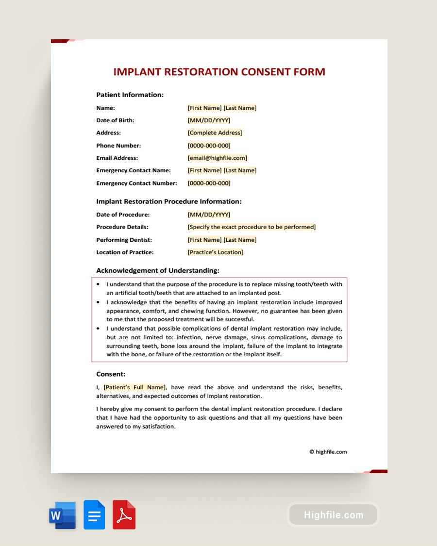 Implant Restoration Consent Form - Word, PDF, Google Docs