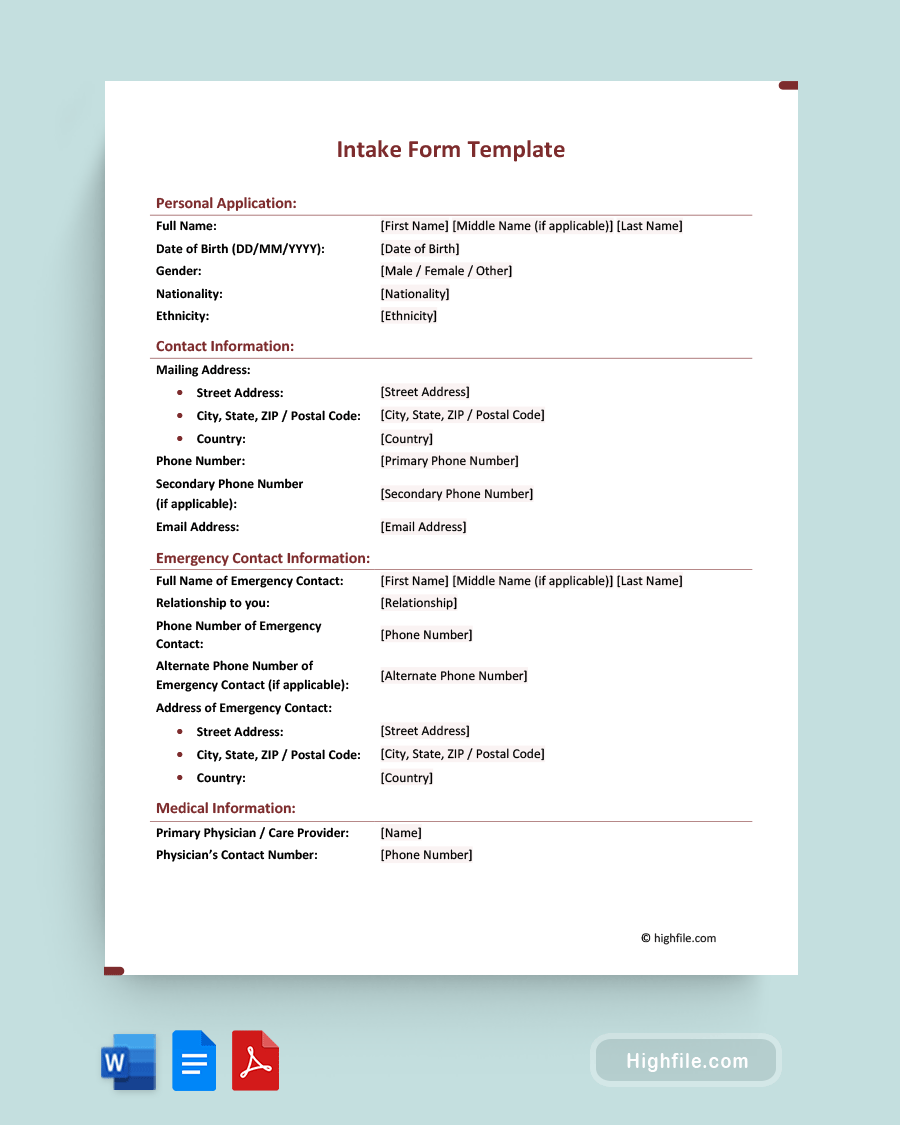 Intake Form Template - Word, PDF, Google Docs