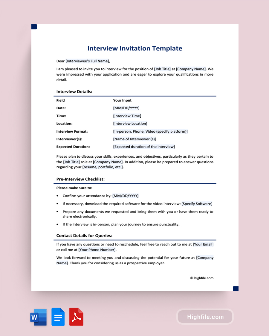 Interview Invitation Template - Word, PDF, Google Docs