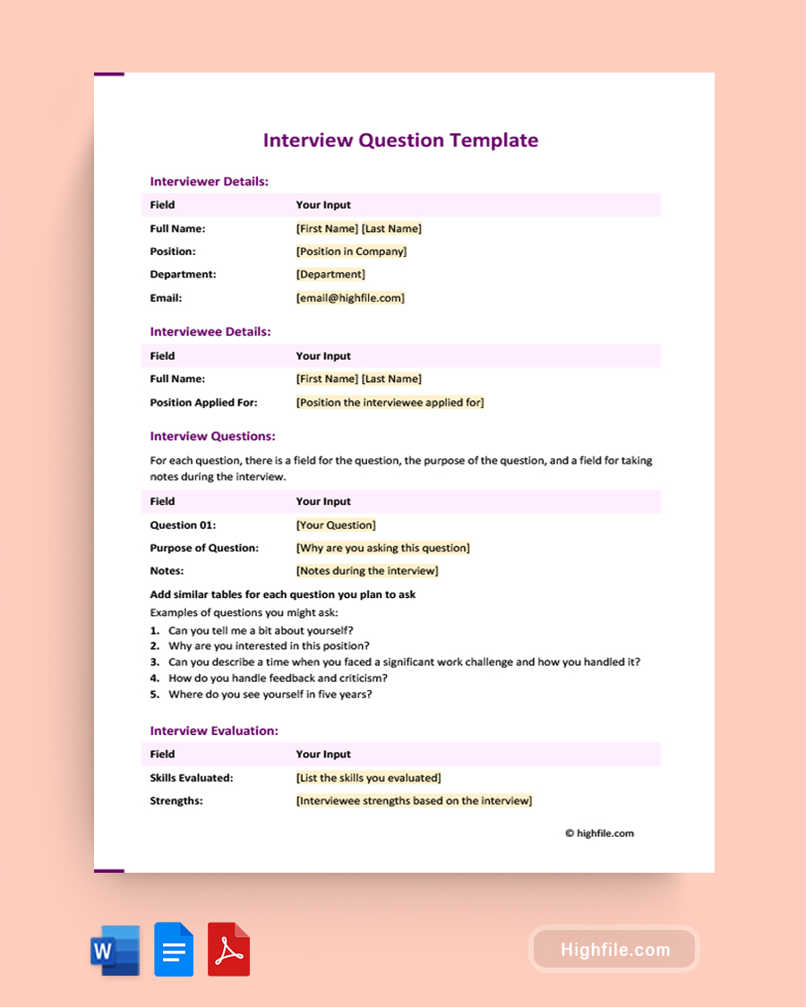Interview Question Template - Word, PDF, Google Docs