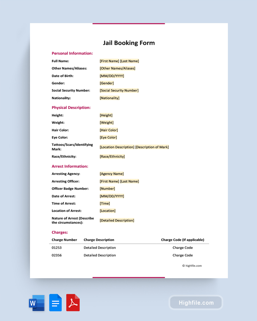 Jail Booking Form - Word, PDF, Google Docs