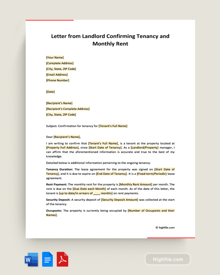 Letter from Landlord Confirming Tenancy and Monthly Rent - Word, PDF, Google Docs