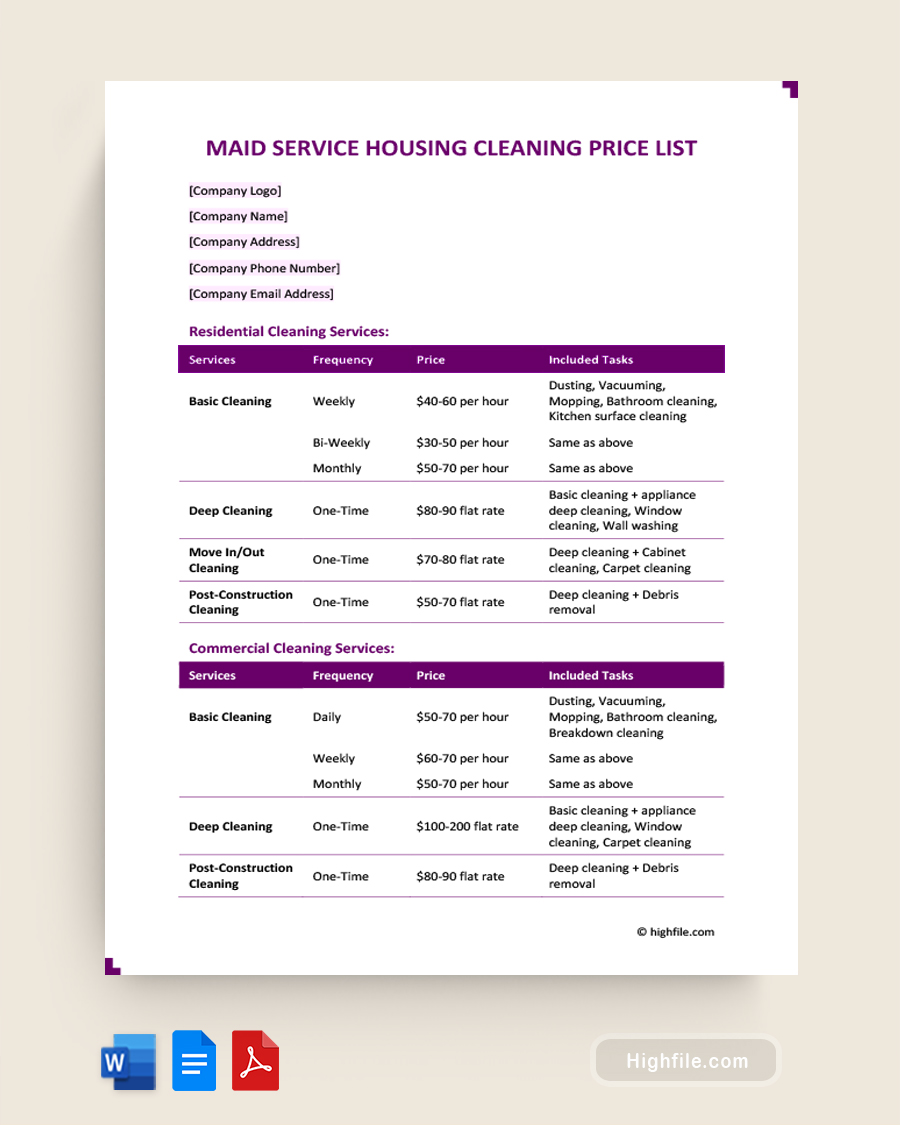 Maid Service House Cleaning Price List - Word, PDF, Google Docs