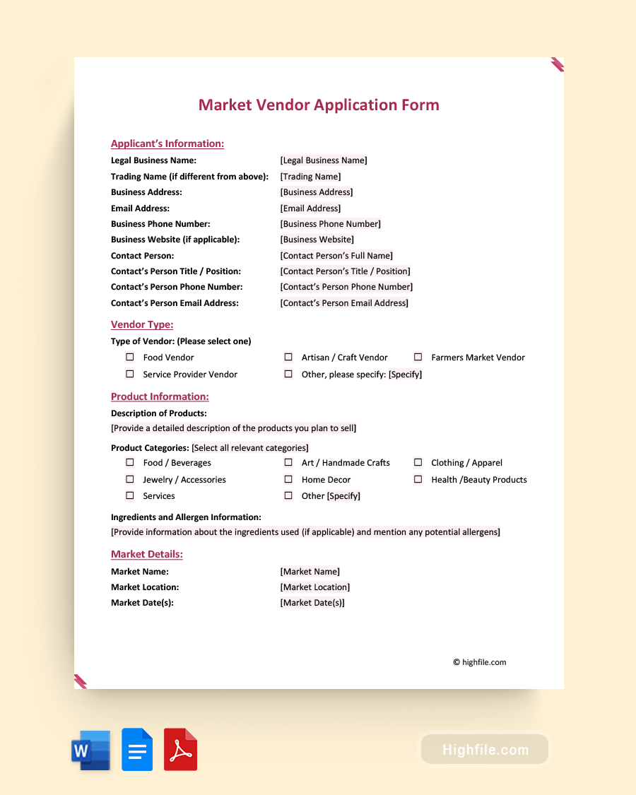 Market Vendor Application Form - Word, PDF, Google Docs