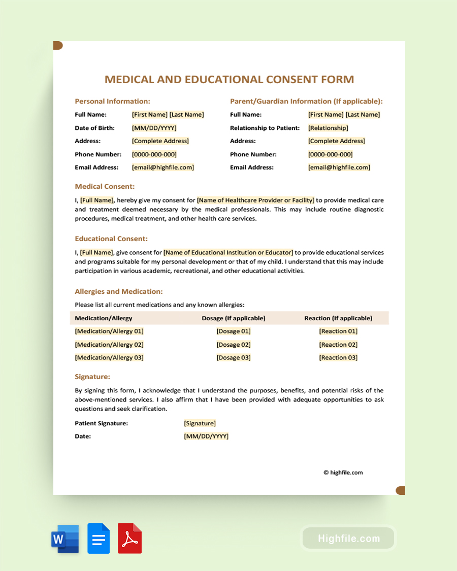 Medical and Educational Consent Form - Word, PDF, Google Docs
