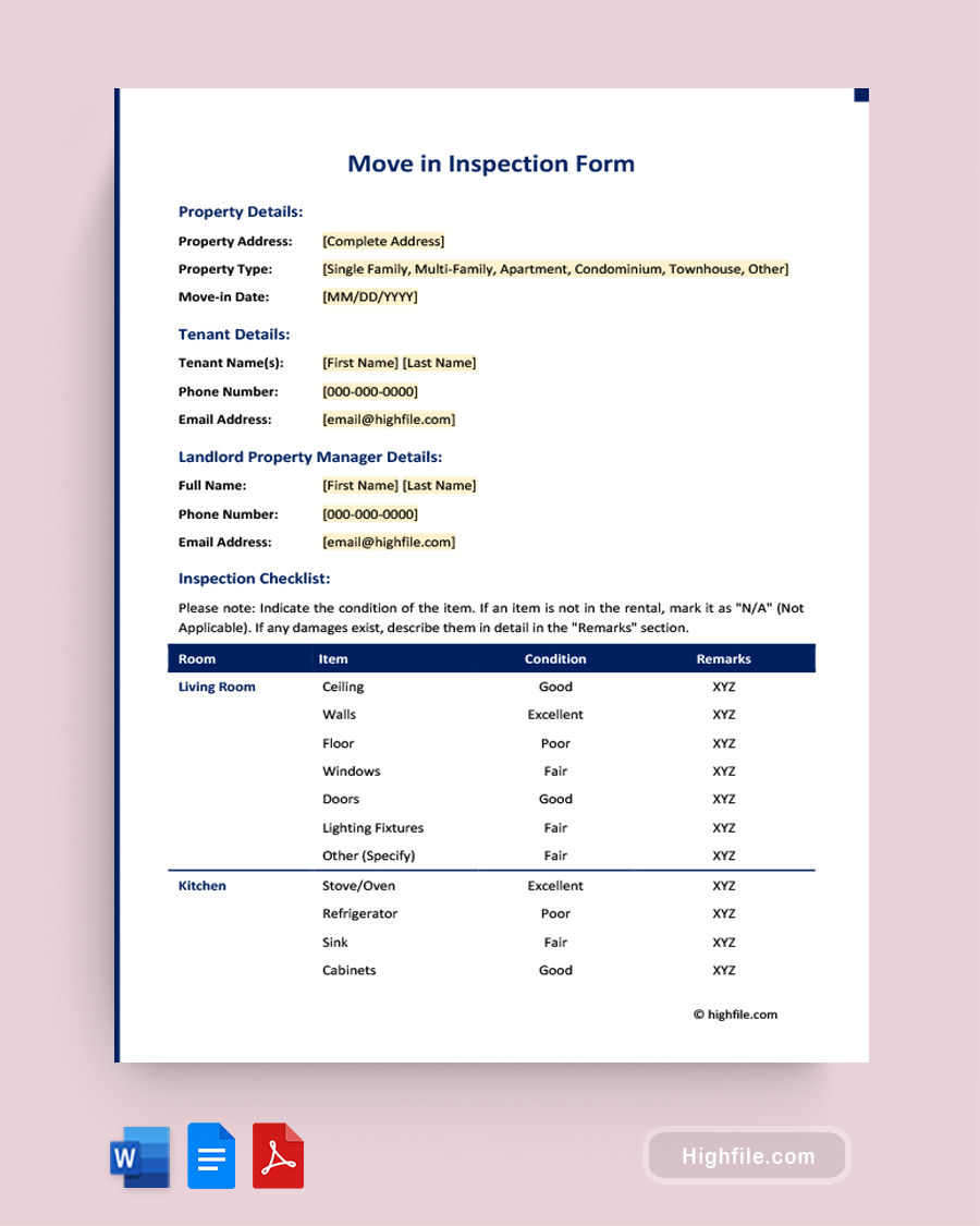 Move in Inspection Form - Word, PDF, Google Docs