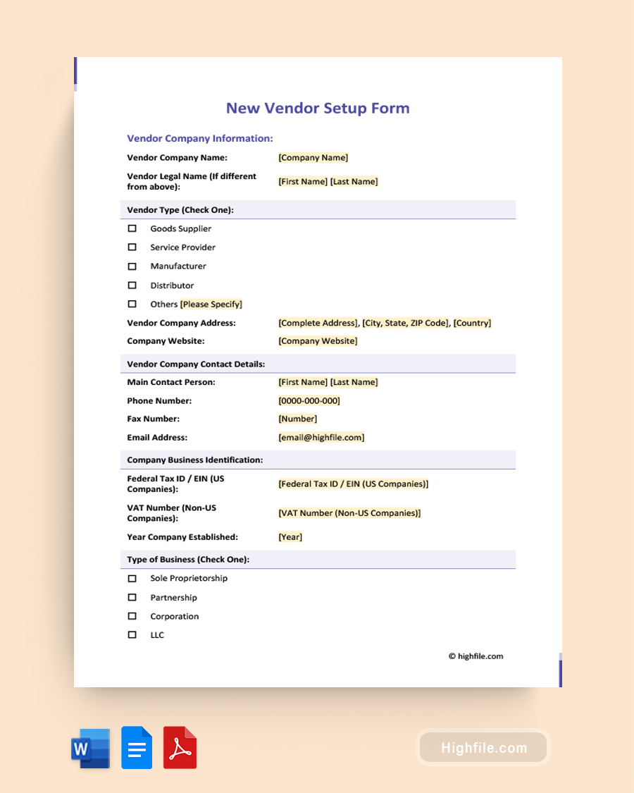 New Vendor Setup Form - Word, PDF, Google Docs