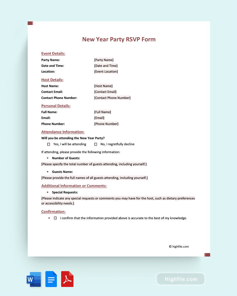 New Year Party RSVP Form - Word, PDF, Google Docs