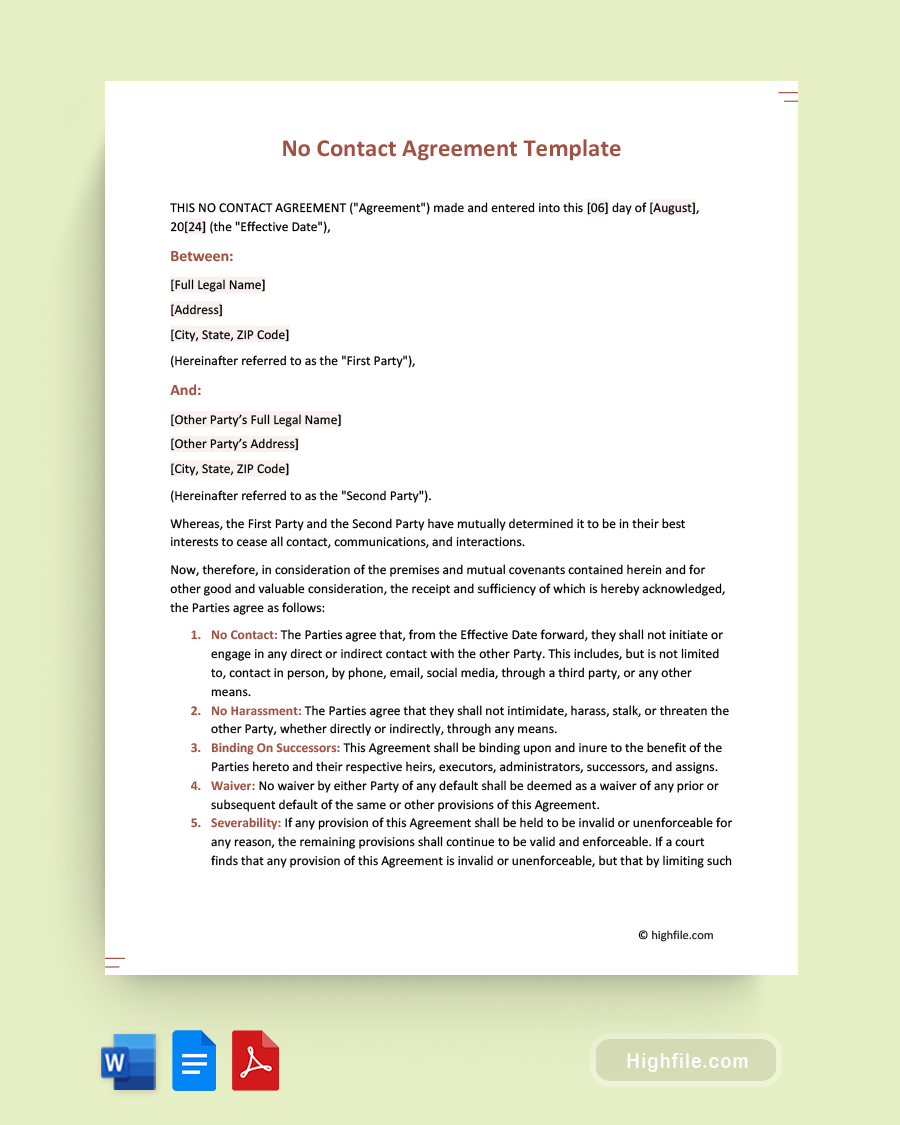 No Contact Agreement Template - Word, PDF, Google Docs