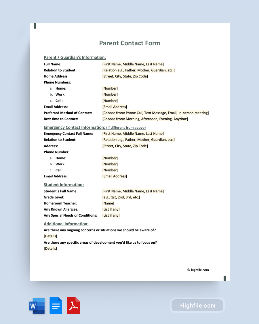Parent Contact Form  - Word, PDF, Google Docs